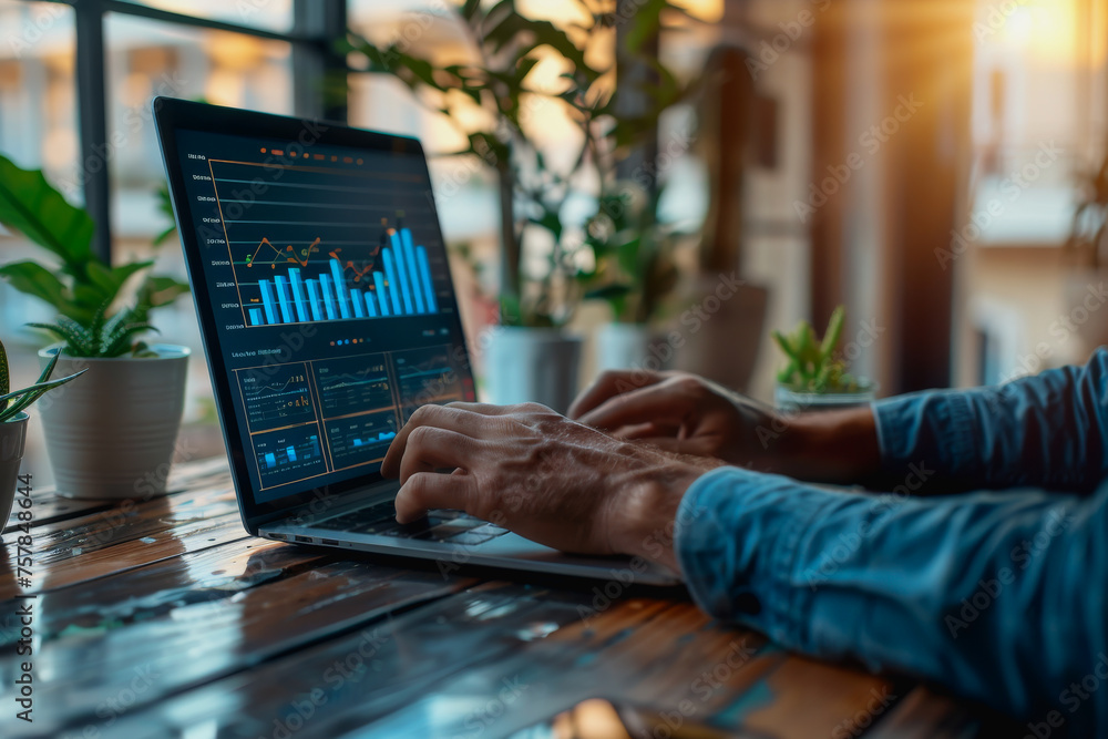 Businessman or accountant working hard on a laptop, analyzing important data, graphs, and diagrams.