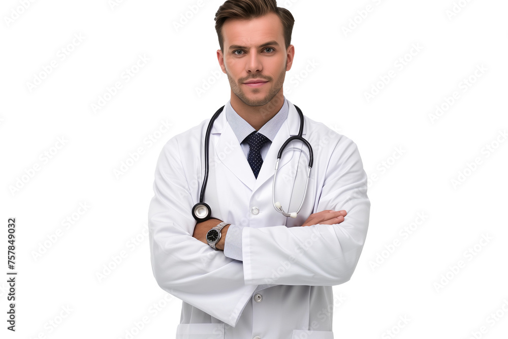 Young doctor in a white lab coat with a stethoscope isolated on a transparent background Young doctor in a white lab coat with a stethoscope isolated on a transparent background