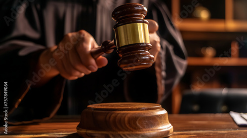 Judges hand holding a gavel above a sounding block ready to deliver a judgment. Legal action. Bring to court. Business and law. Justice and punishment concept. Generative AI illustration 