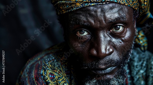 Close-up of an older man with striking eyes and colorful headscarf, exuding wisdom and life stories