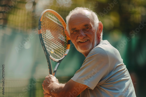 close up portrait of happy senior man playing tennis © ALL YOU NEED studio