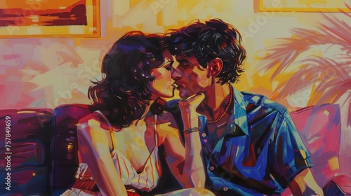 Intimate Couple Sharing Moment in Colorful Ambiance