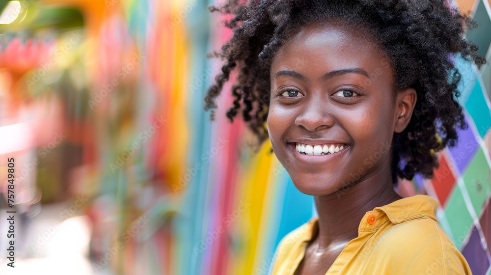 A cheerful young woman with an afro hairstyle against a colorful background, radiating positivity