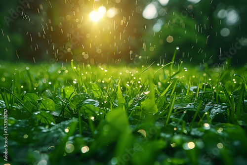 Sun Shines Through Rain on Grass