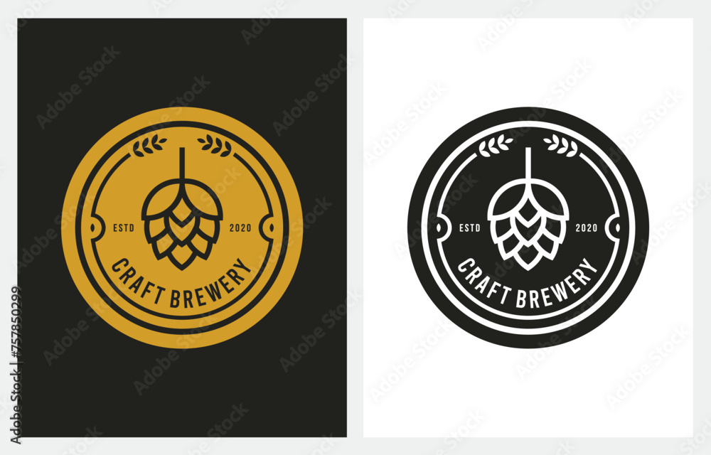 Brewery minimalist logo design, label, badge, emblem with hop. Craft Beer Vintage retro style. Brewery minimalist logo design, label, badge, emblem with hop. Craft Beer Vintage retro style.