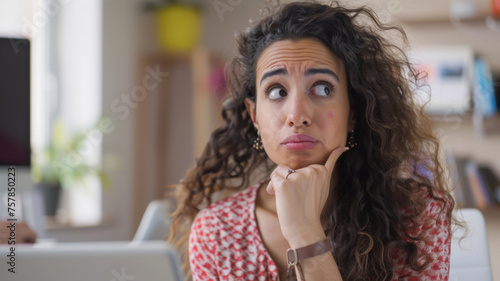 Pensive young woman with curly hair and a quizzical expression in an office setting.