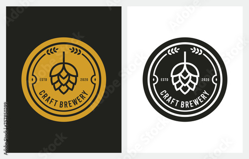 Brewery minimalist logo design, label, badge, emblem with hop. Craft Beer Vintage retro style.