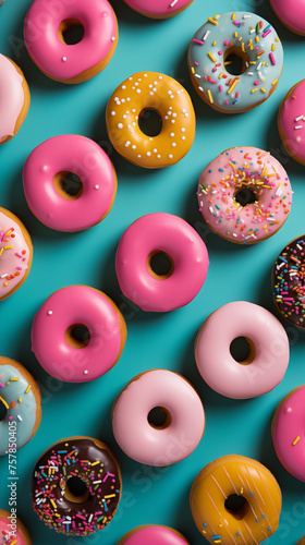 Delicious donuts with sprinkles. Fresh baked donuts. Tasty food background. Sweets and treats backdrop.