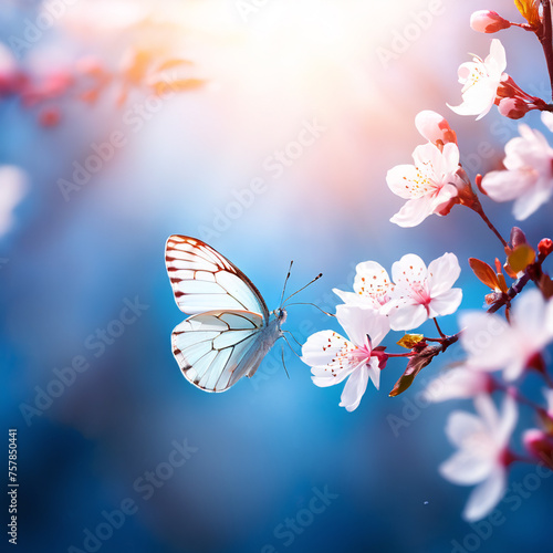 Butterfly on a branch of cherry blossoms. Spring background. Nature background.
