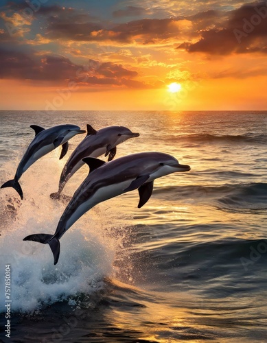 A group of playful dolphins leaping out of the water in perfect synchronization, against a backdrop of a vibrant sunset © Craitza