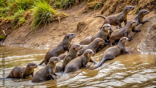 Generative ai. A group of playful otters sliding down a muddy riverbank