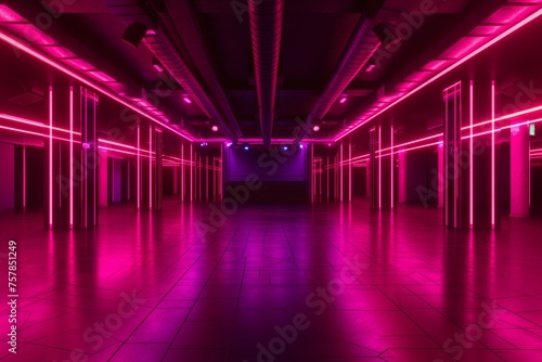 Pink neon empty dance floor of a nightclub
