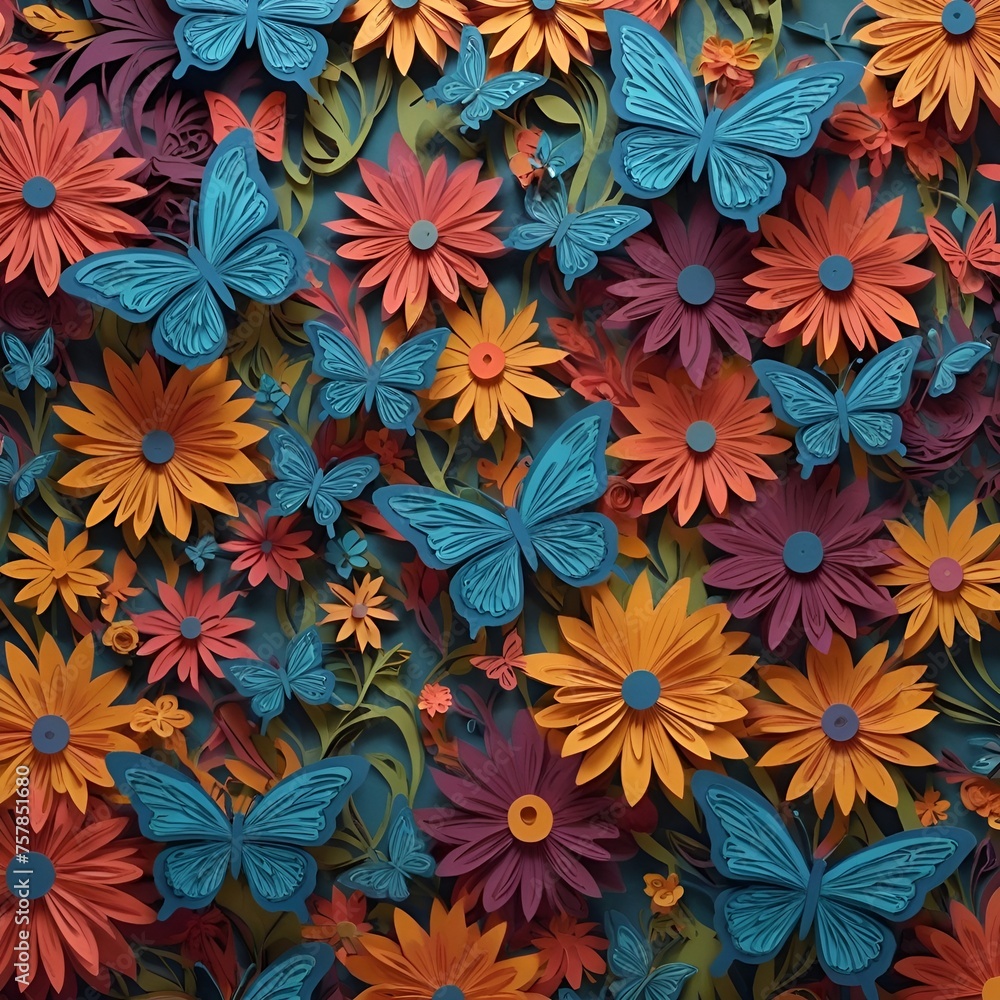 origami paper background of multicolored flowers and butterflies