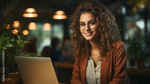 An attractive young latina business woman seated at her desk using a laptop, having a remote virtual work meeting call at the office, or watching a webcast online webinar training web course using the