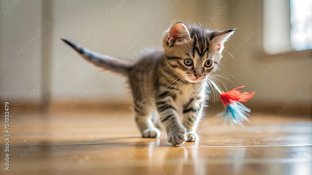 Naklejka premium Generative ai. A playful kitten chasing after a feather toy