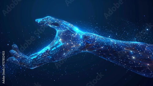 An arm and a hand fabricated by a robot. Modern technologies. Low poly blue. Polygonal abstract illustration of a starry sky or the Cosmos. image in RGB color.