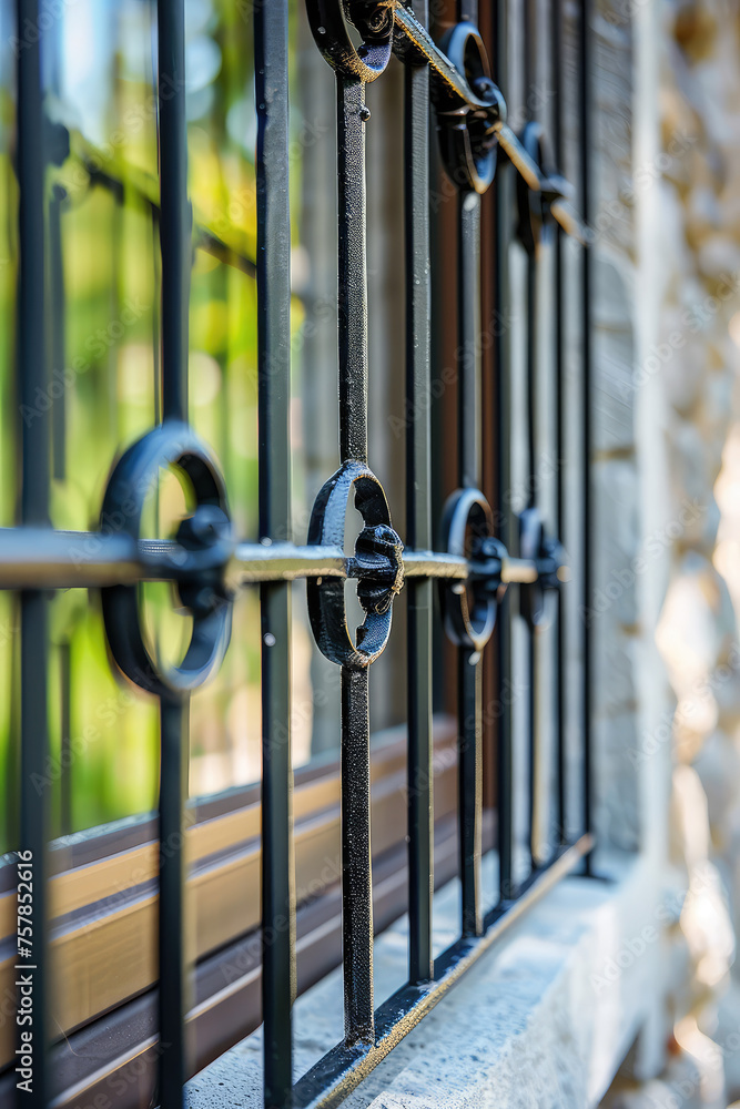 Elegant Wrought Iron Window Grill. Close-up of ornate wrought iron window grill. Decorative and protective wrought iron grids. Elegant Wrought Iron Window Grill. Close-up of ornate wrought iron window grill. Decorative and protective wrought iron grids.