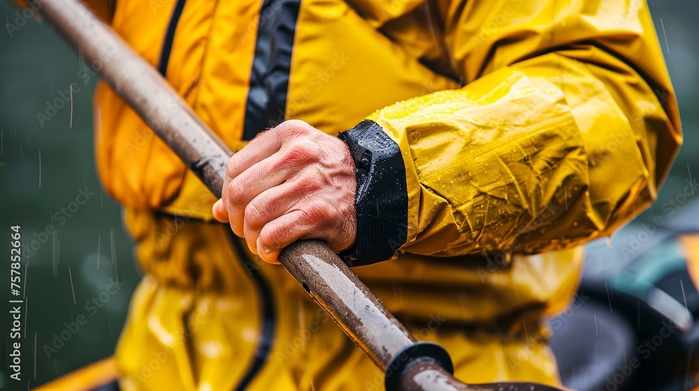 Detailed image showing a person's hands paddling a kayak, wearing a waterproof, vibrant yellow jacket amidst the rain Detailed image showing a person's hands paddling a kayak, wearing a waterproof, vibrant yellow jacket amidst the rain