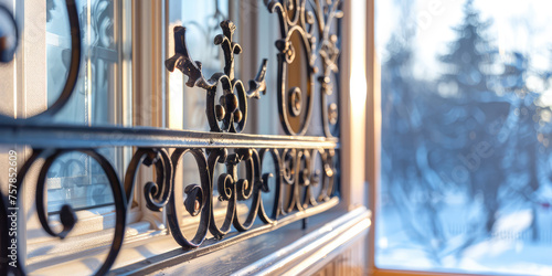 Elegant Wrought Iron Window Grill. Close-up of ornate wrought iron window grill. Decorative and protective wrought iron grids.