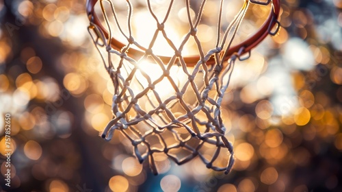 The image captures a close-up of a basketball hoop with a sunlit net and a sparkling bokeh background