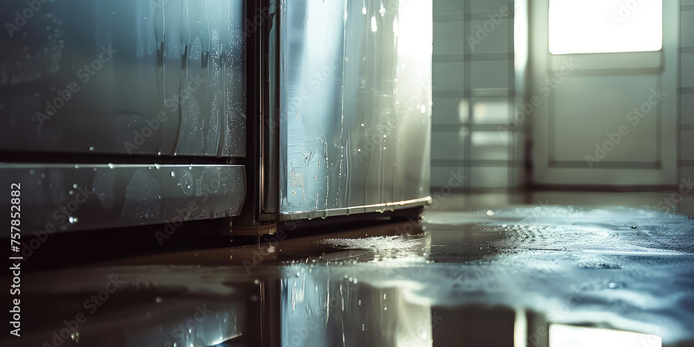 Leaking Refrigerator in Modern Kitchen. Puddle of water under