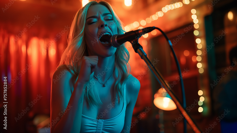 Blonde girl sings into a microphone, performing in a bar Blonde girl sings into a microphone, performing in a bar