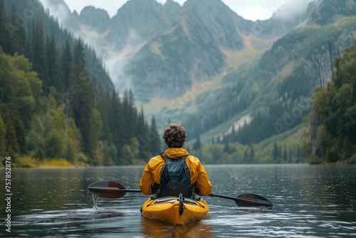 Man in Yellow Jacket Paddling Yellow Kayak © Jelena