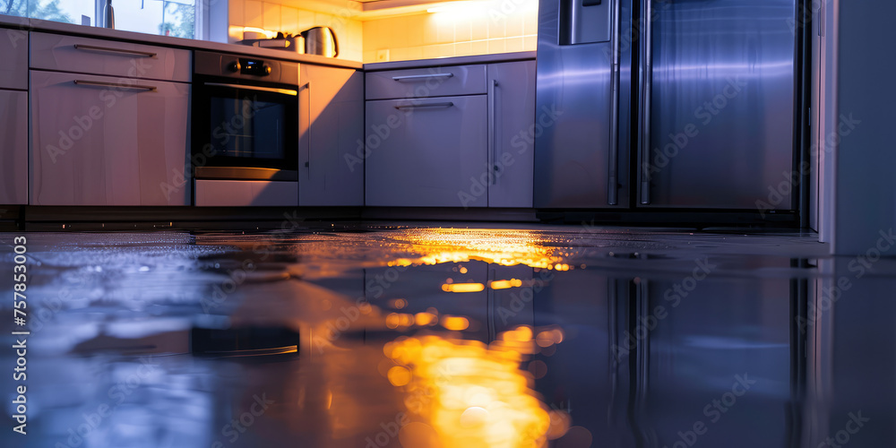 Zdjęcie Stock Leaking Refrigerator in Modern Kitchen. Puddle of water