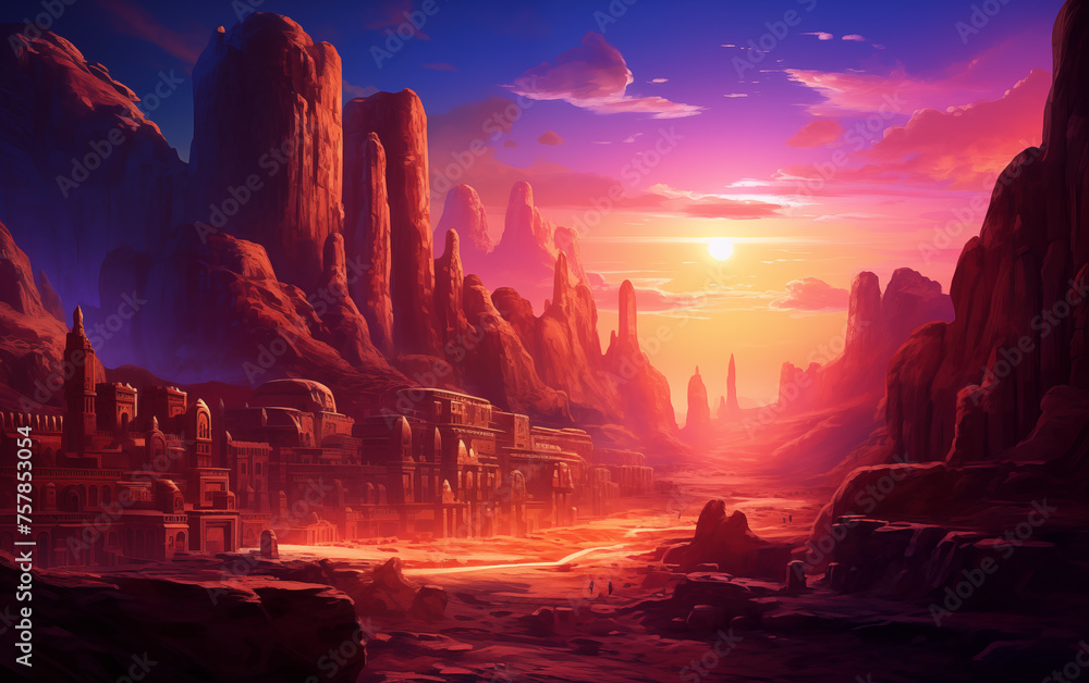 ancient desert city at sunset. - obrazy, fototapety, plakaty 
