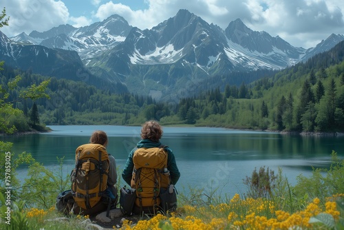 Two Hikers With Backpacks Enjoying Scenic Lake View