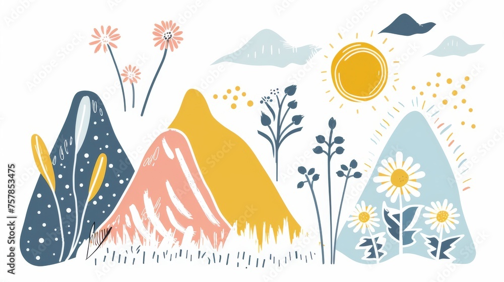 Naklejka premium Abstract serene illustration featuring layered mountains with a warm sun and blooming flowers in a calming color palette, invoking a sense of peace and nature's beauty. Great as banner design.