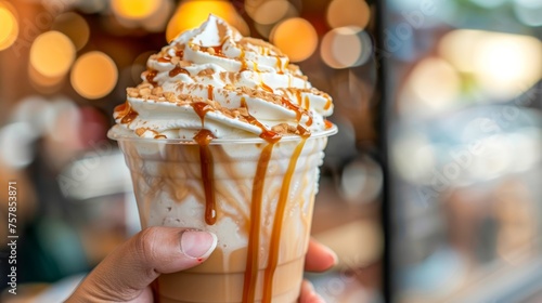 A delectable caramel macchiato with whipped cream held in a hand, symbolizing indulgence and a sweet treat moment