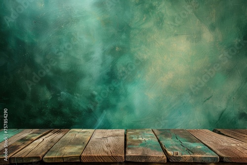 Wooden deck table on green grunge background - generative ai