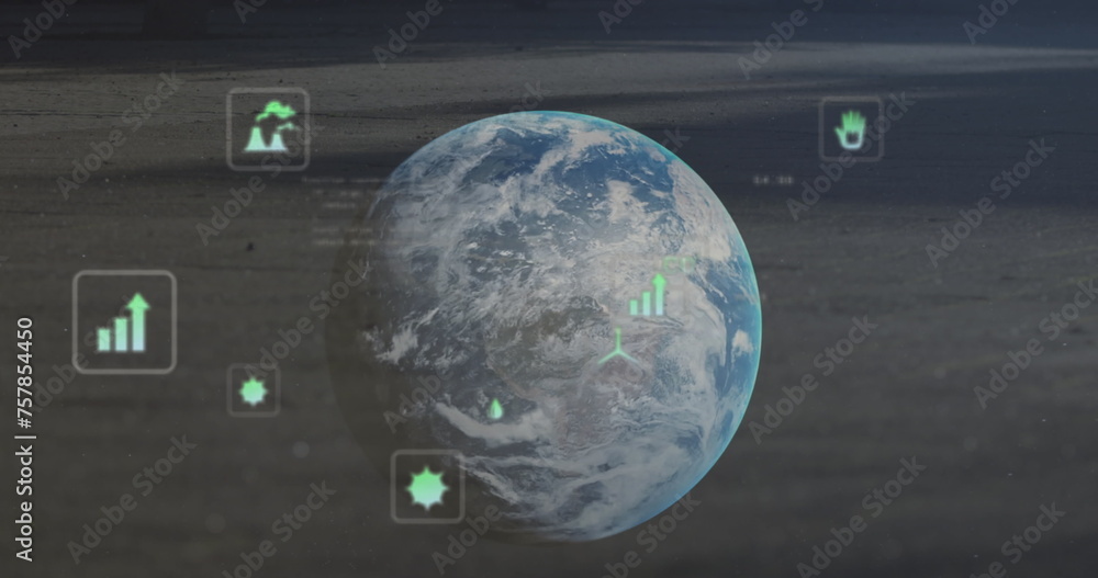 Fototapeta premium Image of data recovery text, icons and programming language against rotating globe