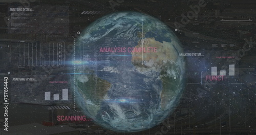 Image of computer language, graphs, texts and lens flare against rotating globe