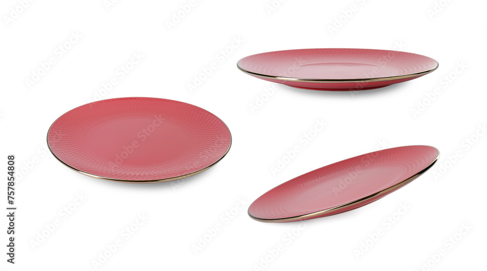 Empty ceramic plate isolated on white, set with different views Empty ceramic plate isolated on white, set with different views