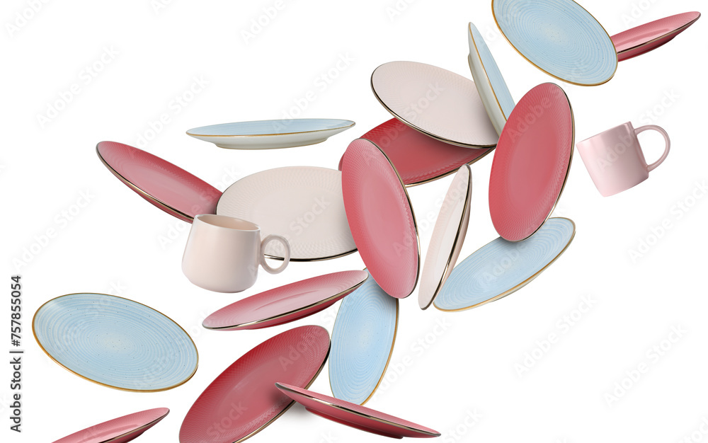 Clean plates and cups falling on white background - obrazy, fototapety, plakaty 