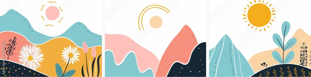 Obraz premium Abstract serene illustration featuring layered mountains with a warm sun and blooming flowers in a calming color palette, invoking a sense of peace and nature's beauty. Great as banner design.