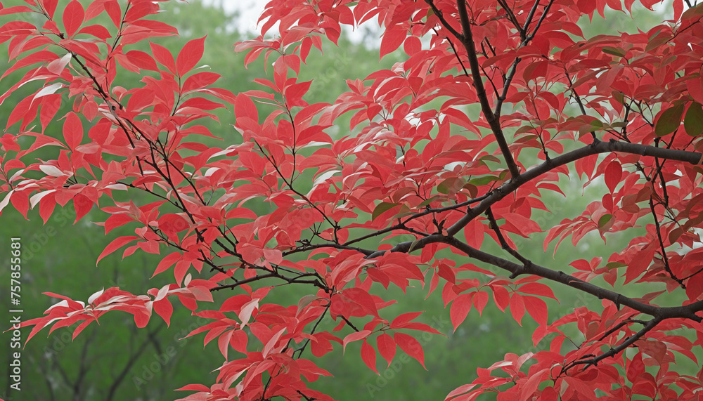 Branch of a tree with red and green leaves on a red or pink background