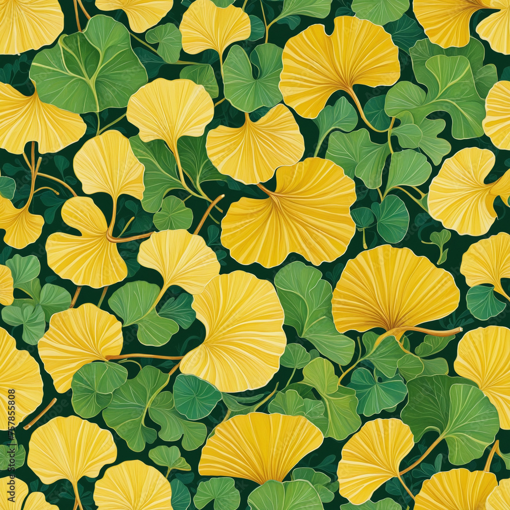 Yellow ginkgo biloban leaves colorful background template