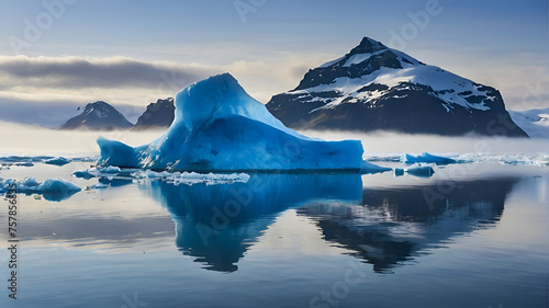 Blue iceberg reflected in the water, mountains rising out of the mist, Joekulsarlon, glacier lagoon, Scandinavia, Iceland, Europe photo