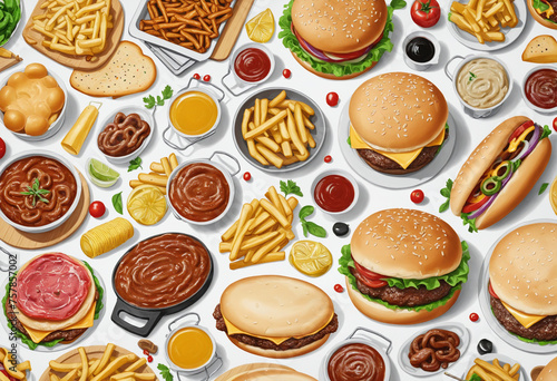 Collage with assorted traditional american food on white background