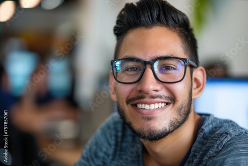 Close-up portrait of young hispanic man wearing glasses, man smiling and looking at camera at workplace inside office, programmer satisfied with success and achievement results, Generative AI © Moments Captured