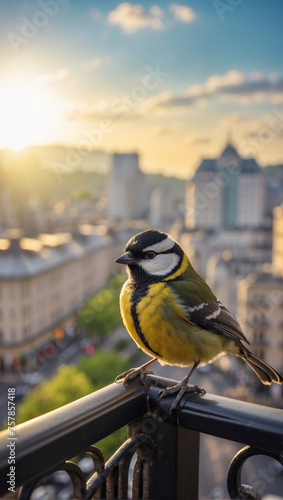 A tit sits on the balcony of a city house in the early morning. Below is a panorama of a beautiful city illuminated by soft morning sunlight.