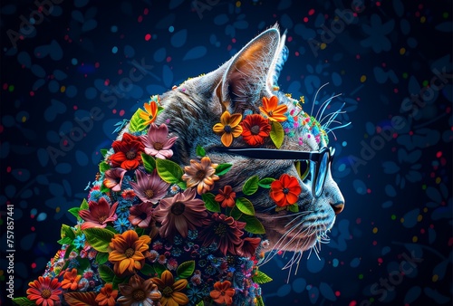 Colorful long-haired cat with glasses and flower.