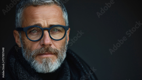 Bespectacled mature man with a salt and pepper beard exudes sophistication.