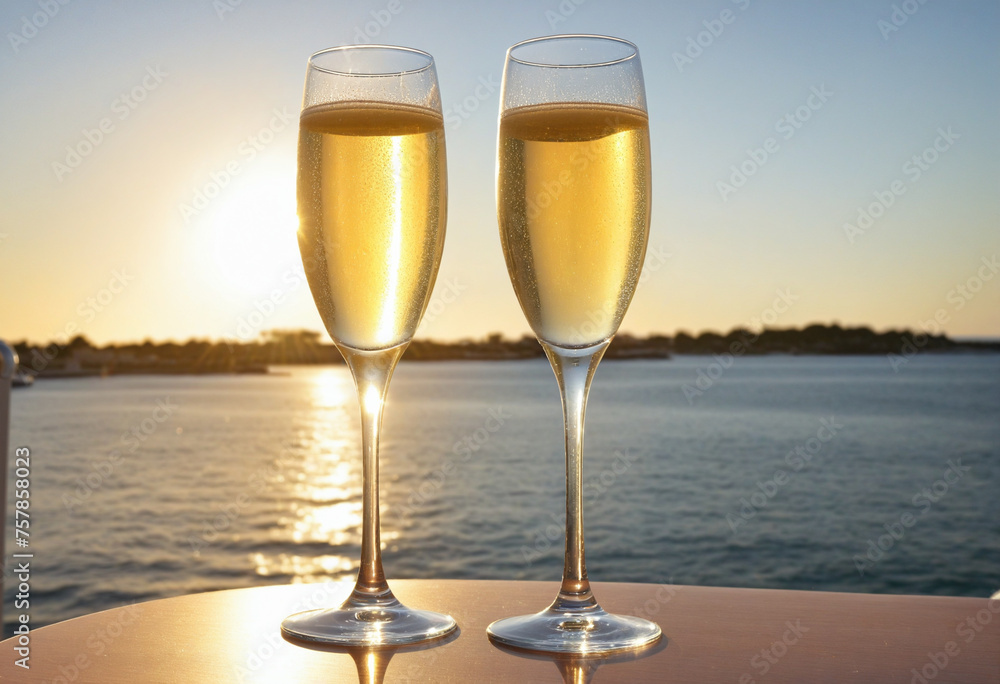 Sparkling champagne glasses at sunset on yacht