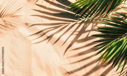Top view tropical palm leaf with shadow on sandy beach, Generative AI