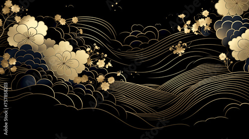 Horizontal Luxury Image of Elegant Gold Pattern on Black Background in Japanese Style