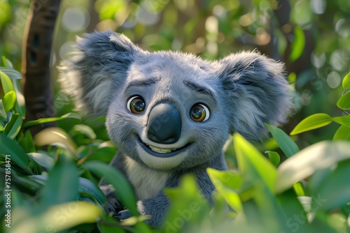 Cute smiling koala bear character in the forest photo